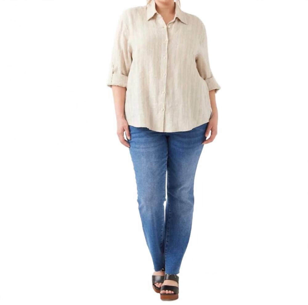 NEW KAREN KANE stripe linen roll-tab shirt - plus in oatmeal